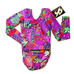 GK Elite VTG 1992 Retro 70s Abstract Botanical LS Leotard Bodysuit AXS Adult XS